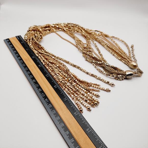 Chico’s Gold Tone 9-Strand Knotted Tassel Necklace, 26", Statement Piece - Picture 11 of 11